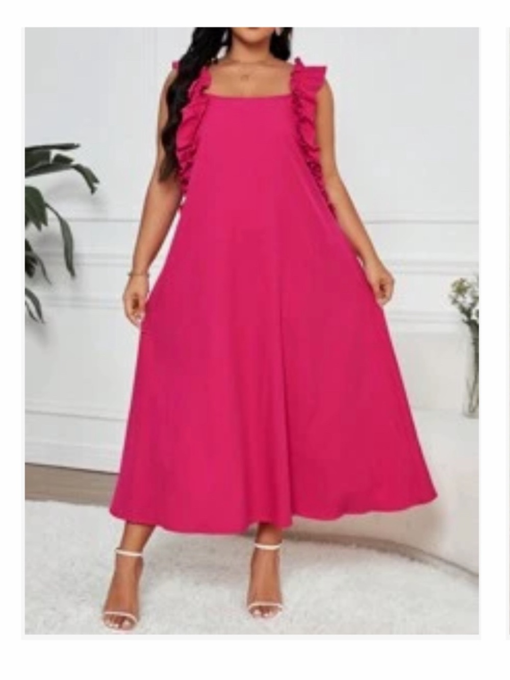 Fuchsia Ruffle-Shoulder Midi Dress